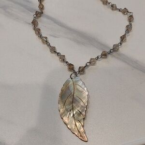 Beautiful Carved Mother Of Pearl Feather Pendant And Crystal Necklace